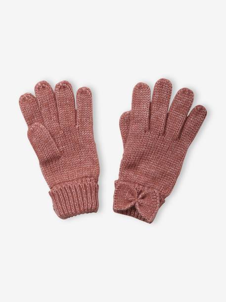 Knitted Gloves with Bow, for Girls PINK DARK SOLID - vertbaudet enfant 