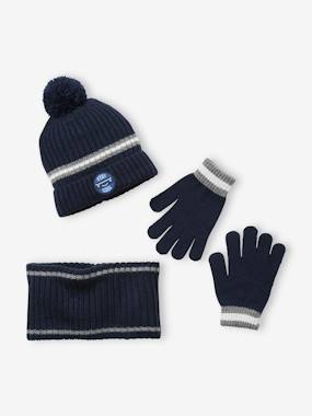 -Beanie + Snood + Gloves Set in Rib Knit for Boys
