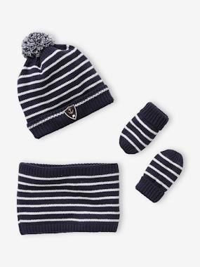 -Striped Beanie + Snood + Mittens Set for Baby Boys