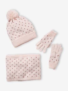 -Beanie + Snood + Gloves with Hearts Set for Girls