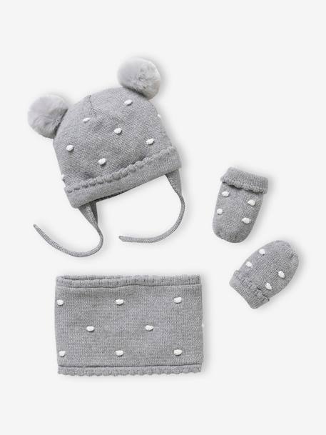 Dotted Beanie + Snood + Mittens Set for Baby Girls GREY DARK MIXED COLOR - vertbaudet enfant 