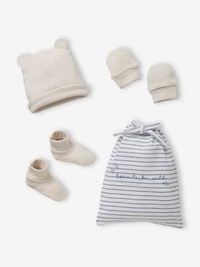 Bébé-Accessoires-Chapeau-Ensemble bonnet + moufles + chaussons bébé garçon en maille ajourée