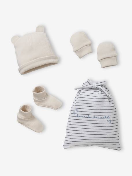 Ensemble bonnet + moufles + chaussons bébé garçon en maille ajourée beige clair - vertbaudet enfant 