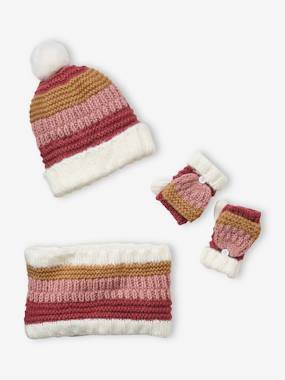 -Striped Beanie + Scarf + Gloves Set for Girls