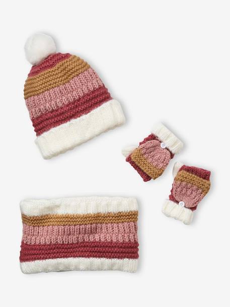 Striped Beanie + Scarf + Gloves Set for Girls PINK MEDIUM 2 COLOR/MULTICOL - vertbaudet enfant 