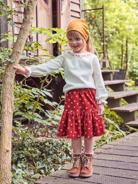 Girls-Skirts-Corduroy Skirt with Flowers & Iridescent Details, for Girls
