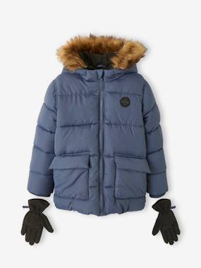 Boys-Coats & Jackets-Hooded Jacket Lined in Polar Fleece, with Gloves, for Boys