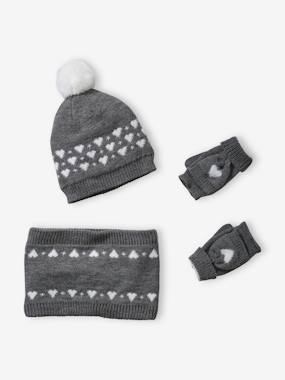 Girls-Accessories-Winter Hats, Scarves, Gloves & Mittens-Hearts Beanie + Snood + Gloves Set for Girls
