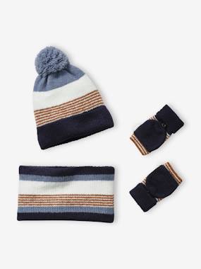 Boys-Accessories-Striped Beanie + Snood + Gloves Set for Boys