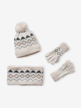-Jacquard Knit Beanie + Snood + Gloves Set for Boys