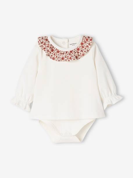 Long Sleeve Bodysuit Top with Ruffled Collar, for Babies WHITE LIGHT SOLID WITH DESIGN - vertbaudet enfant 
