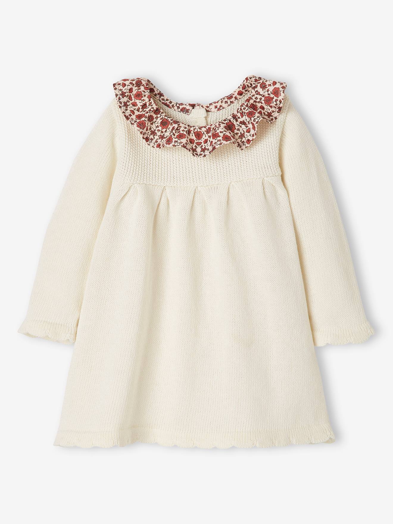 Knitted Dress with Collar in Floral Fabric for Babies - white light solid  with design, Baby