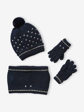 Girls-Accessories-Winter Hats, Scarves, Gloves & Mittens-Beanie + Snood + Gloves Hearts Set For Girls