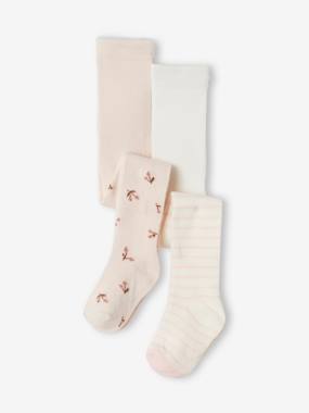 Baby-Socks & Tights-Pack of 2 Pairs of Fine Knit Tights for Babies, Stripes/Flowers