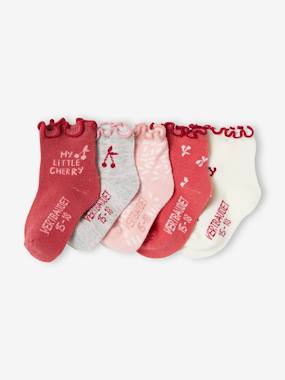 Baby-Socks & Tights-Pack of 5 Pairs of Socks with Cherries and Ruffles, for Baby Girls