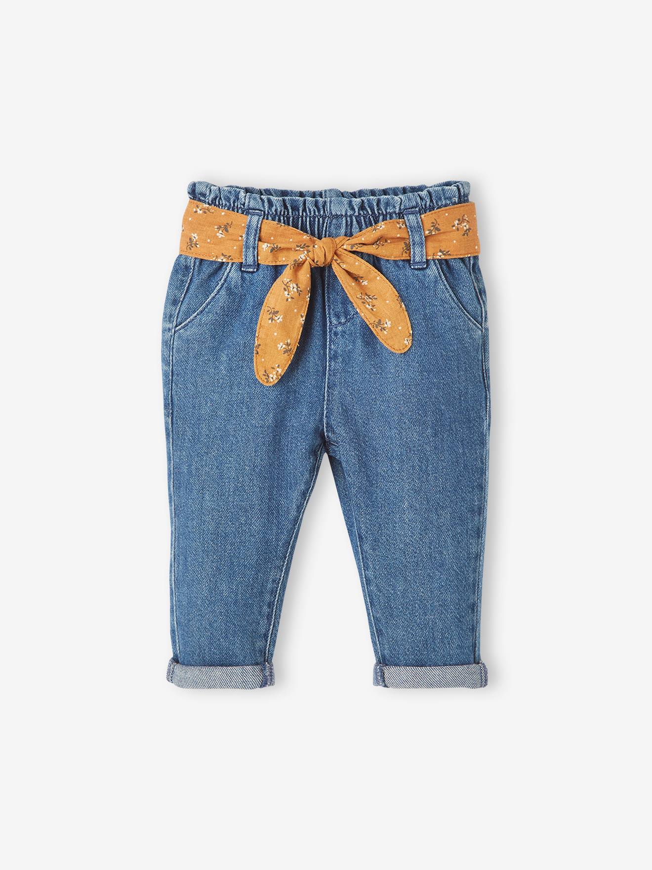 Jean Fille Paperbag Taille Haute Avec Ceinture Fleurie Ajustable - Vertbaudet - Tendance Bohème