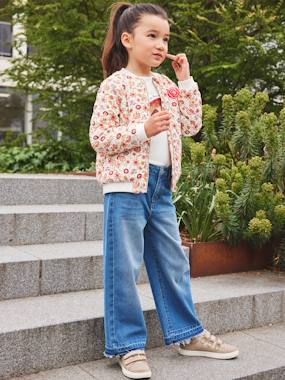 Girls-Wide High Waist Jeans with Frayed Hems for Girls
