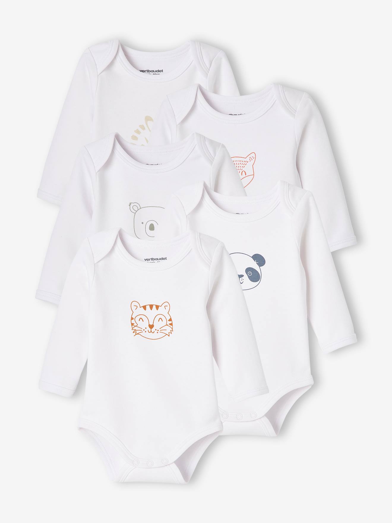 Pack of 5 Animals Long Sleeve Bodysuits for Newborn Babies, Cutaway  Shoulders - white light two color/multicol, Baby