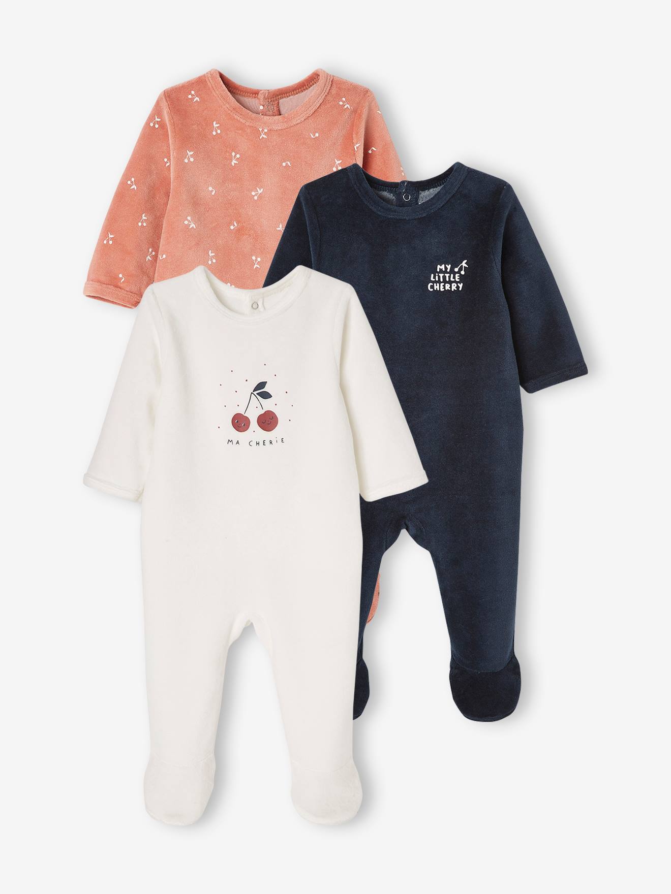 Lot de 3 pyjamas en velours bébé ouverture dos BASICS - lot blush
