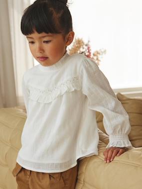 Girls-Blouses, Shirts & Tunics-Romantic Blouse with Ruffle in Broderie Anglaise, for Girls