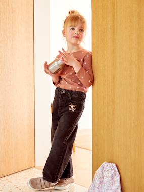 Girls-Jeans-Wide-Leg Jeans with Embroidered Flowers, for Girls
