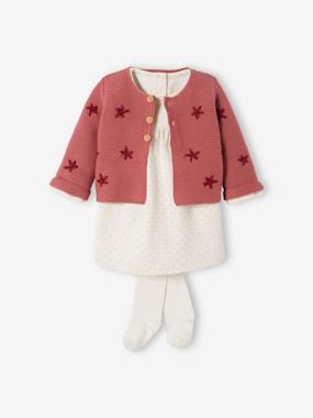 -Embroidered Cardigan + Fleece Dress + Tights Outfit for Babies