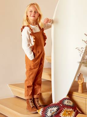 Girls-Dungarees & Playsuits-Corduroy Dungarees with Ruffles, for Girls