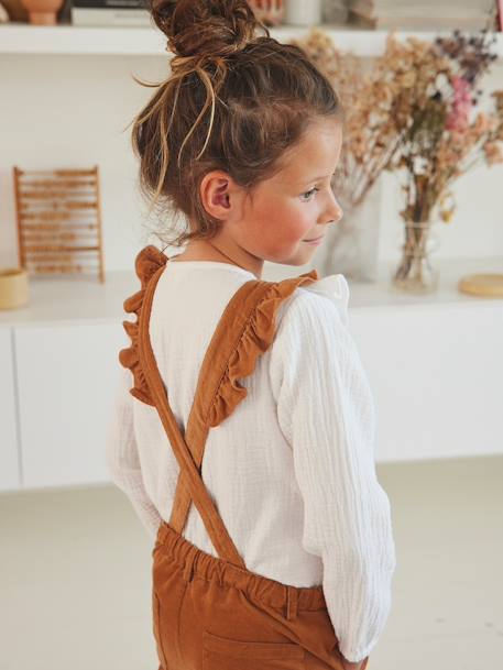 Corduroy Dungarees with Ruffles, for Girls BLUE DARK ALL OVER PRINTED+BROWN MEDIUM SOLID+Dark Blue+Pink - vertbaudet enfant 