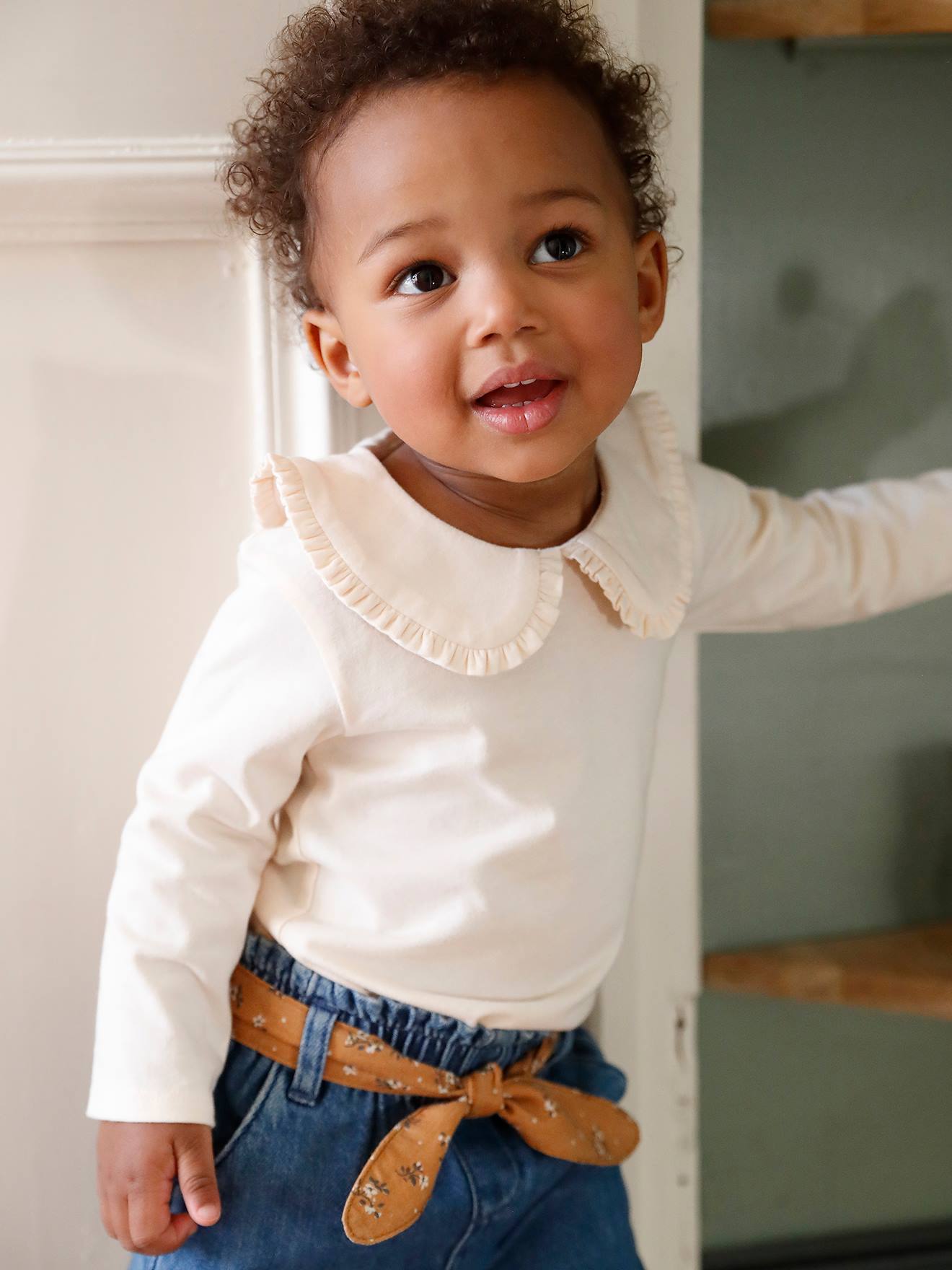 Long Sleeve Top with Peter Pan Collar, for Babies - beige