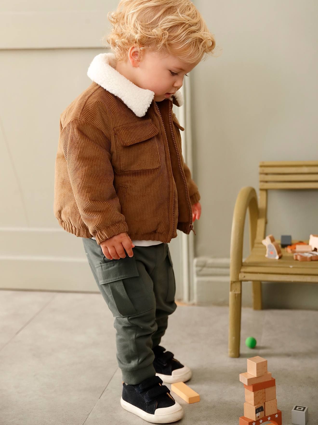 Corduroy Jacket, Sherpa Lining, for Babies - brown light solid with design,  Baby