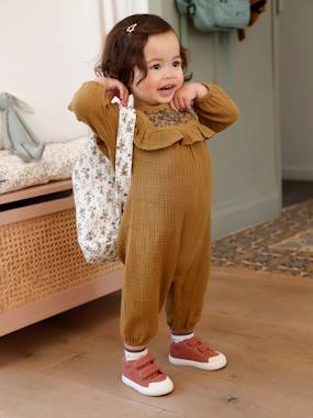 -Embroidered Jumpsuit in Cotton Gauze, for Babies