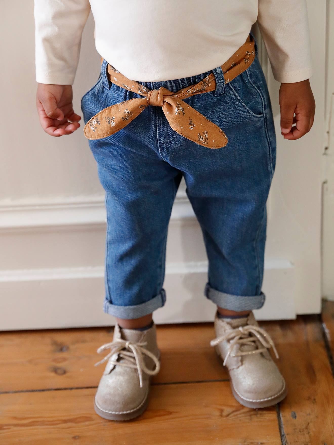 Vertbaudet Wide Leg Jeans, Fabric Belt, for Babies Bleached Denim