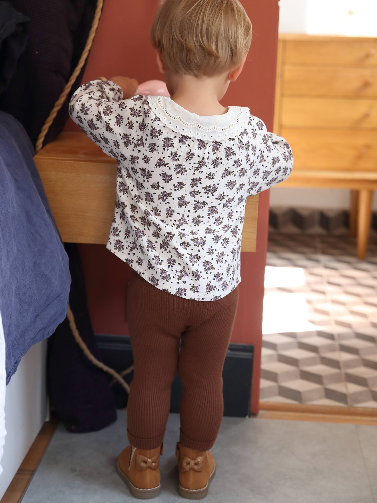 Long Sleeve Top with Peter Pan Collar, for Babies - beige