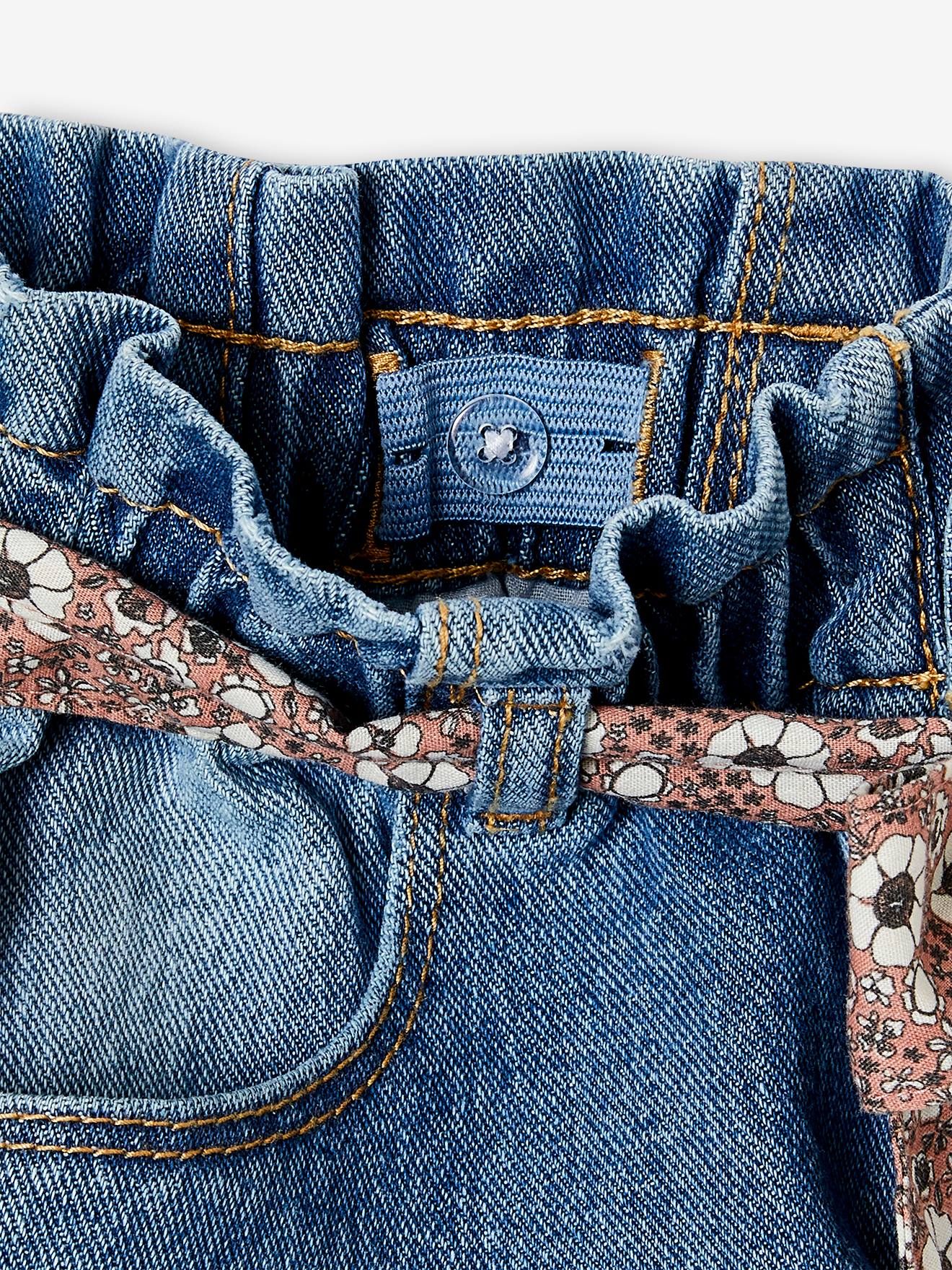 Paperbag Jeans + Floral Belt, for Girls - blue dark wasched, Girls