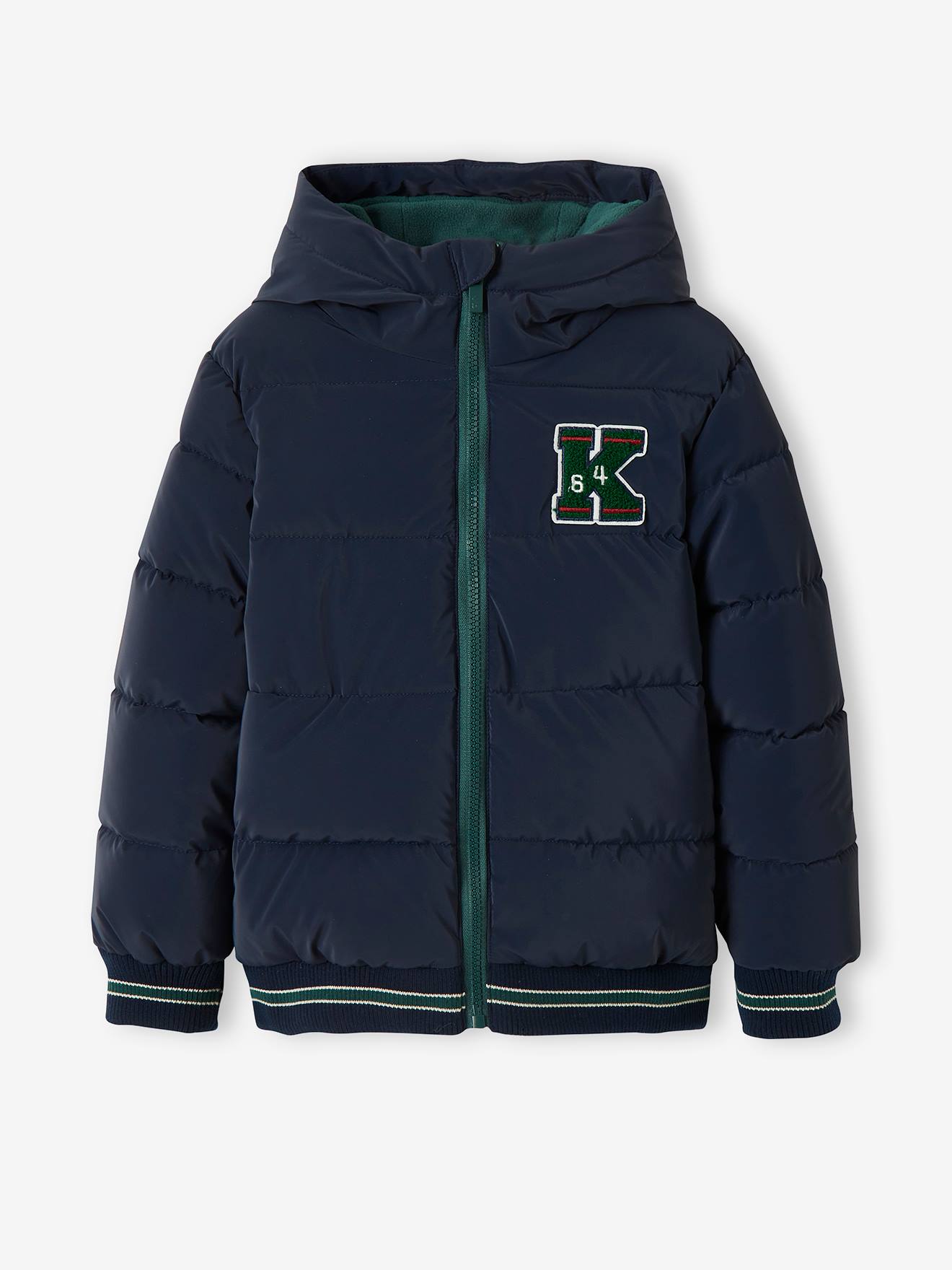 College Style Padded Jacket with Badge & Lined in Polar Fleece for Boys -  blue bright solid with design