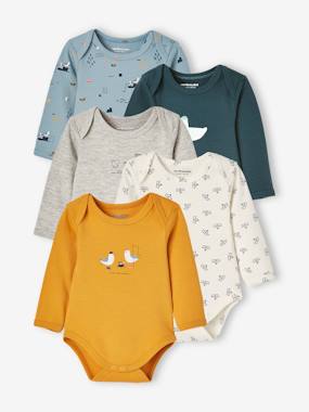 Baby-Bodysuits & Sleepsuits-Pack of 5 Long Sleeve Bodysuits with Cutaway Shoulders for Babies