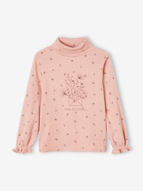 -High Neck Rib Knit Top with Printed Flowers for Girls