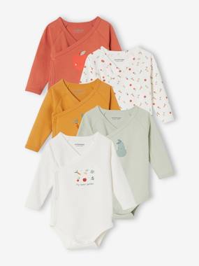 Baby-Bodysuits & Sleepsuits-Pack of 5 Long Sleeve Bodysuits with Full-Length Opening, for Babies