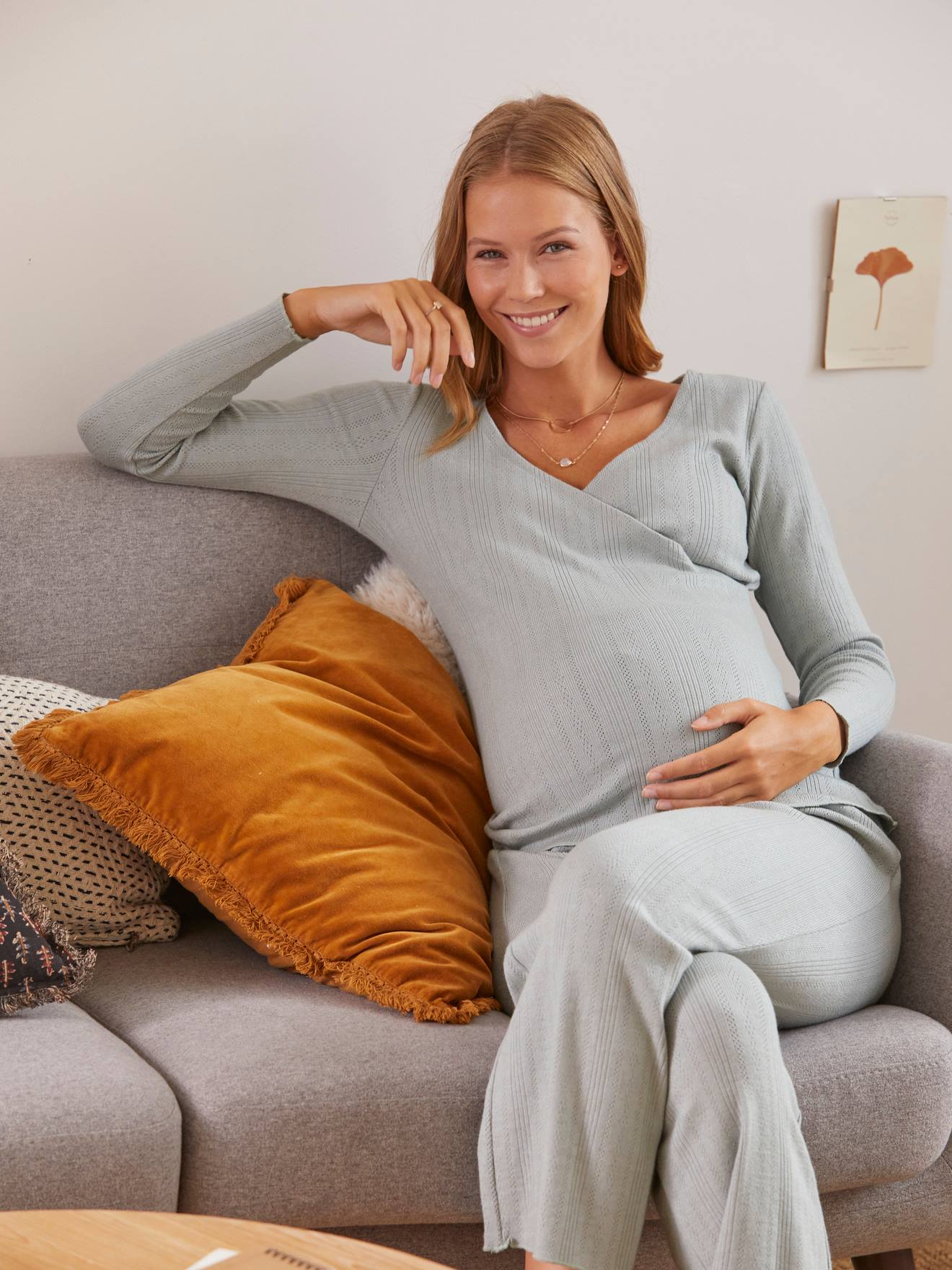 Ensemble 2 pièces pyjama grossesse et allaitement - gris clair uni,  Vêtements de grossesse