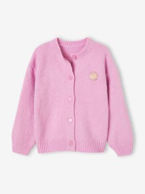 -Loose-Cut Cardigan, Iridescent Flower-Shaped Patch for Girls