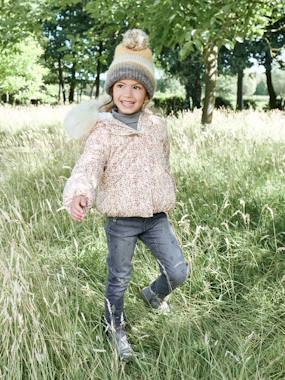 Girls-Coats & Jackets-Short Padded Jacket with Hood & Flower Print for Girls