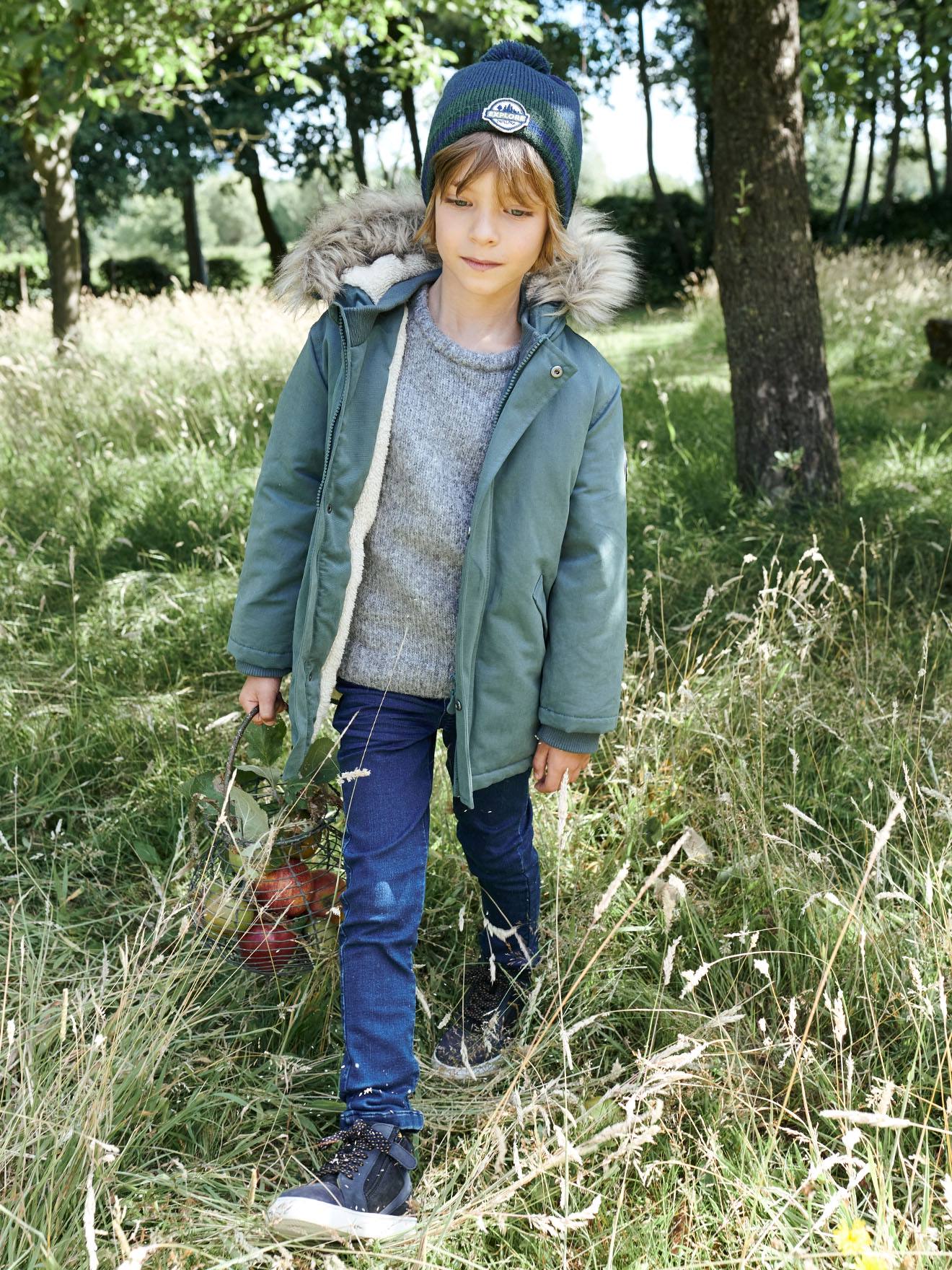 Hooded Parka with Sherpa Lining & Recycled Polyester Padding, for Boys -  green medium solid with desig, Boys