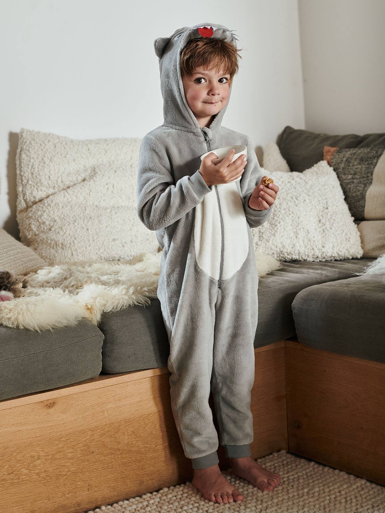 Wolf Onesie for Boys - grey light solid with design, Boys