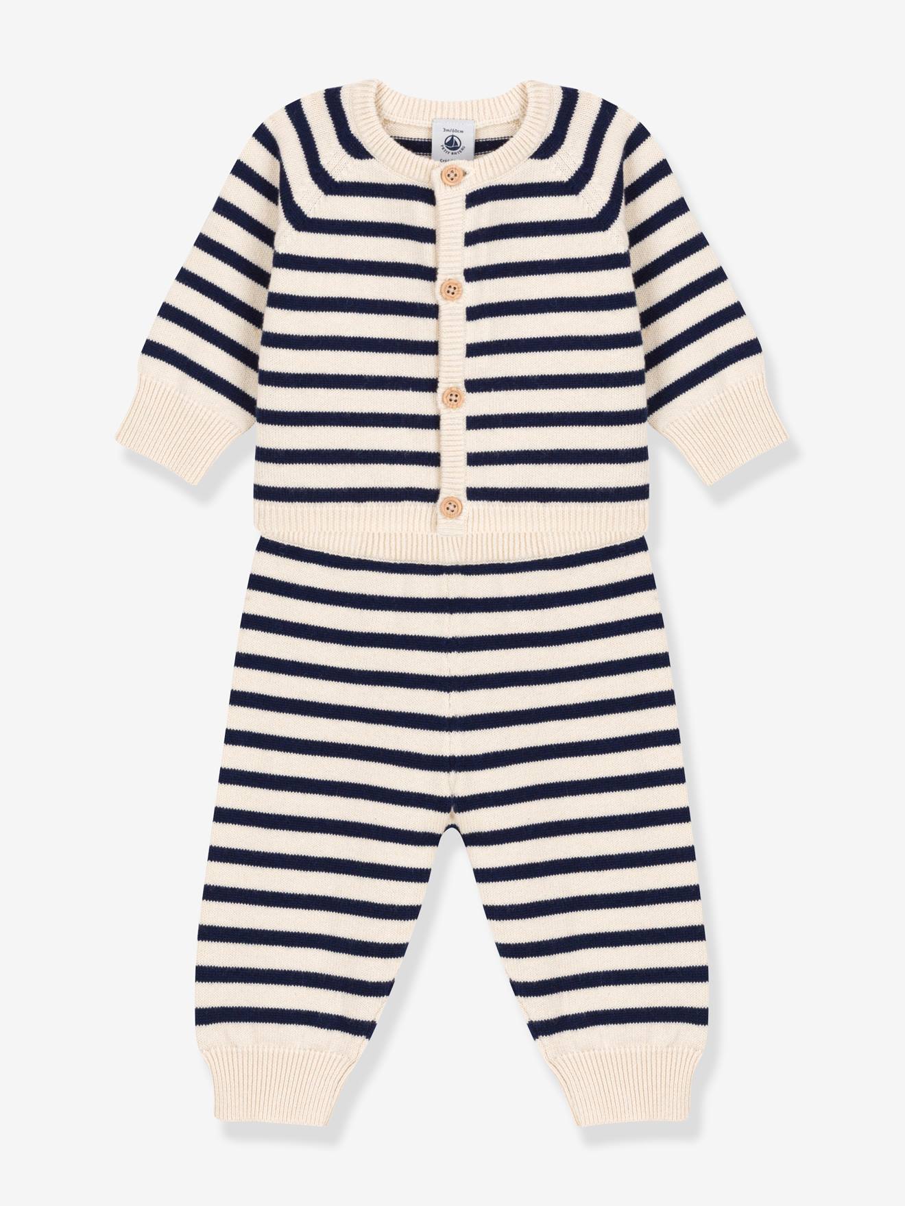 Striped 2-Piece Set for Babies, in Wool & Cotton Knit, by Petit Bateau -  printed white