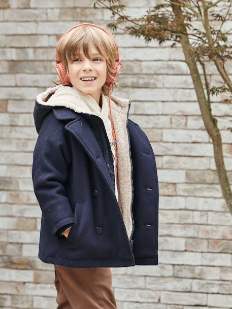 Peacoat with Hood & Sherpa Lining for Boys - blue dark solid with ...