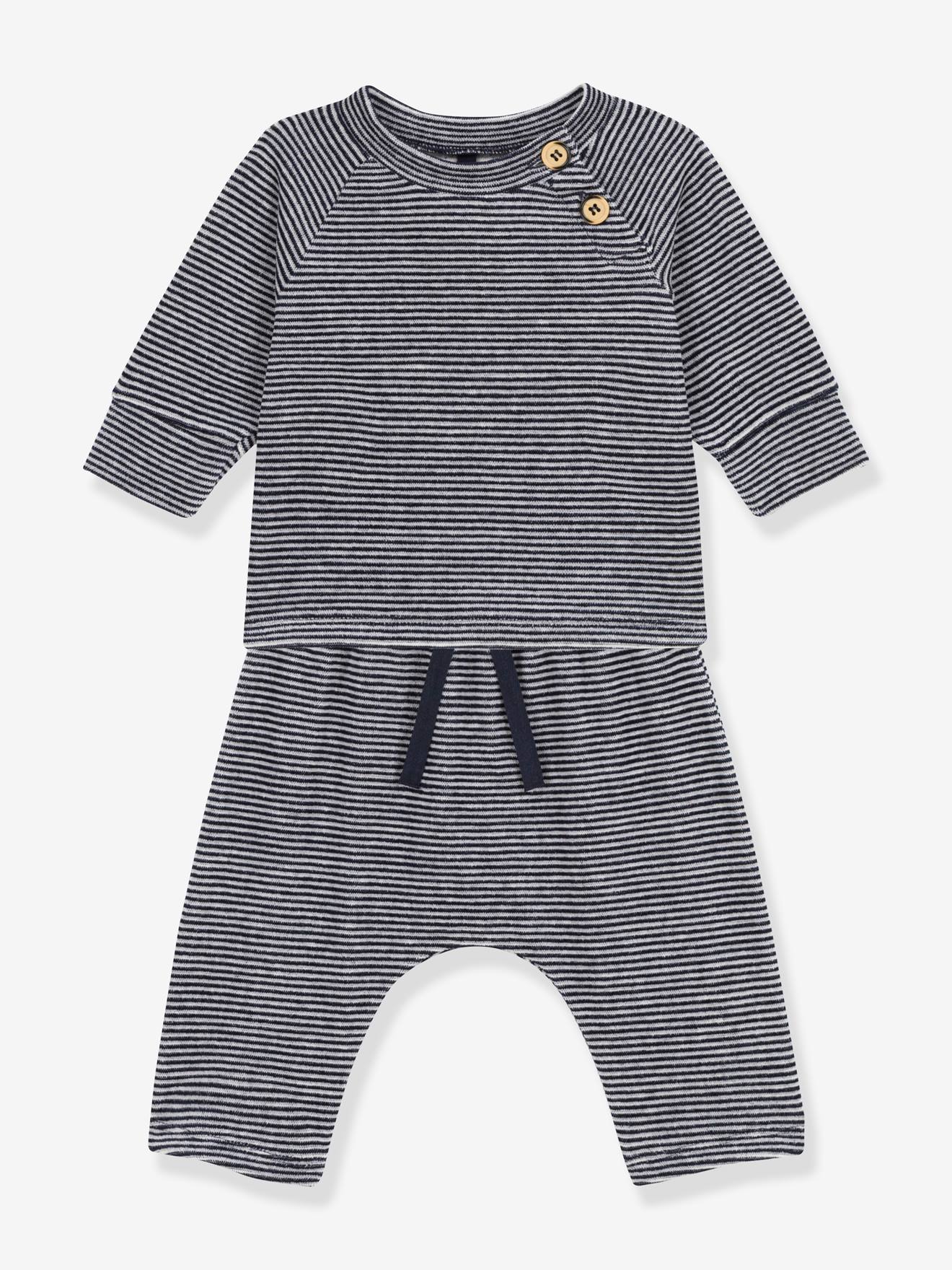 Petit Bateau Velour Striped Top and Pant Set in White/Navy NB