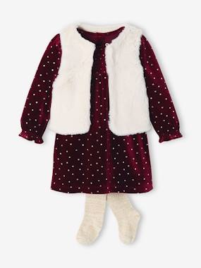 -Ensemble: Velour Dress + Faux Fur Waistcoat + Tights for Babies