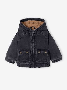 Baby-Denim Jacket with Hood Lined in Sherpa for Babies
