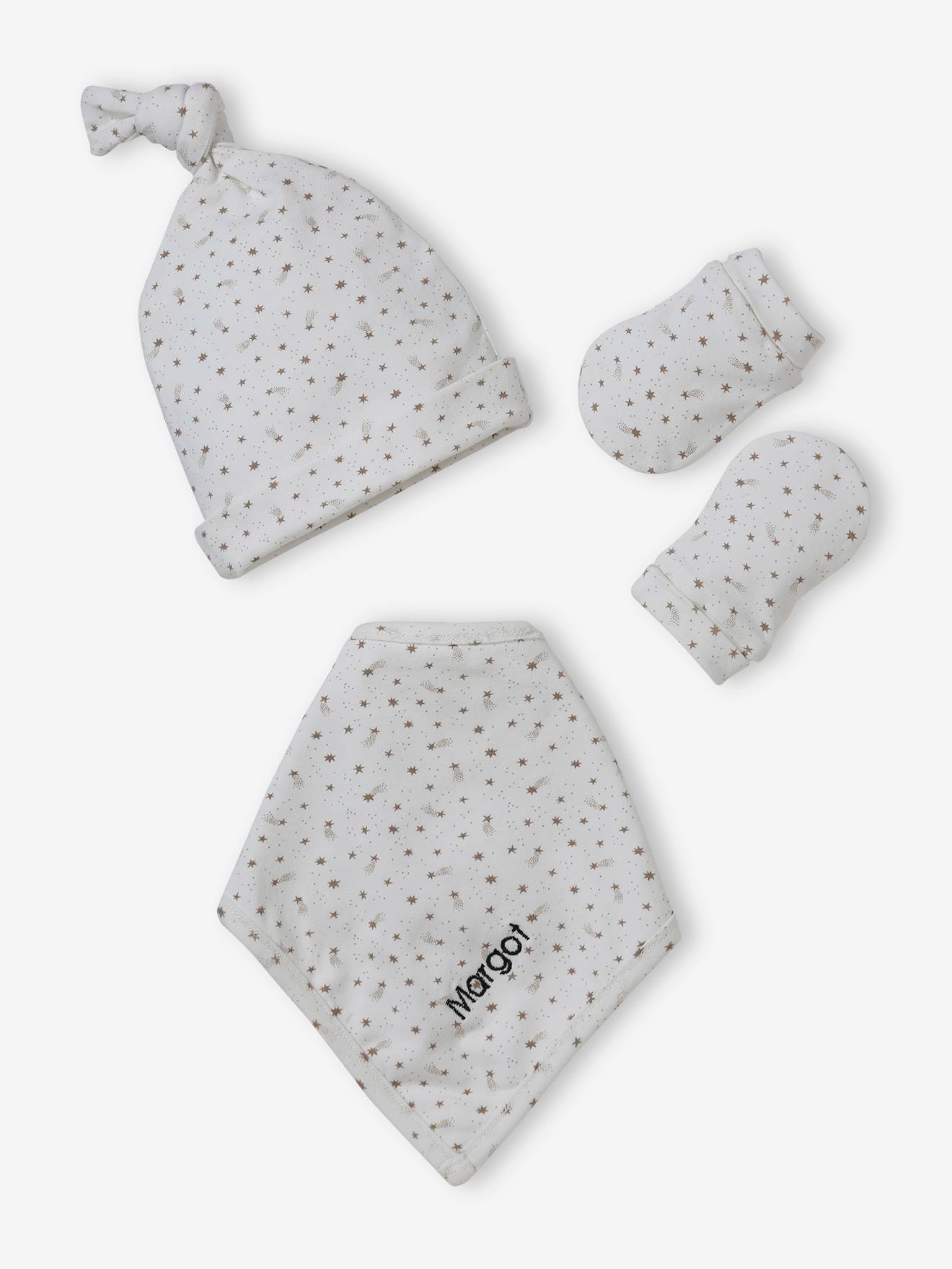 Beanie + Mittens + Scarf + Pouch in Printed Jersey Knit, for Baby Girls - ecru