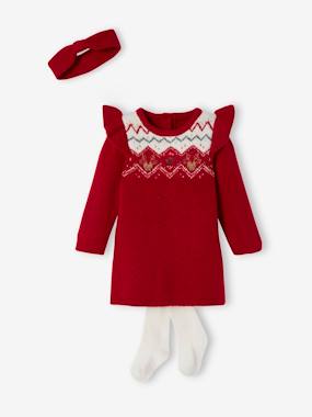 -Jacquard Dress, Hairband & Matching Tights for Babies